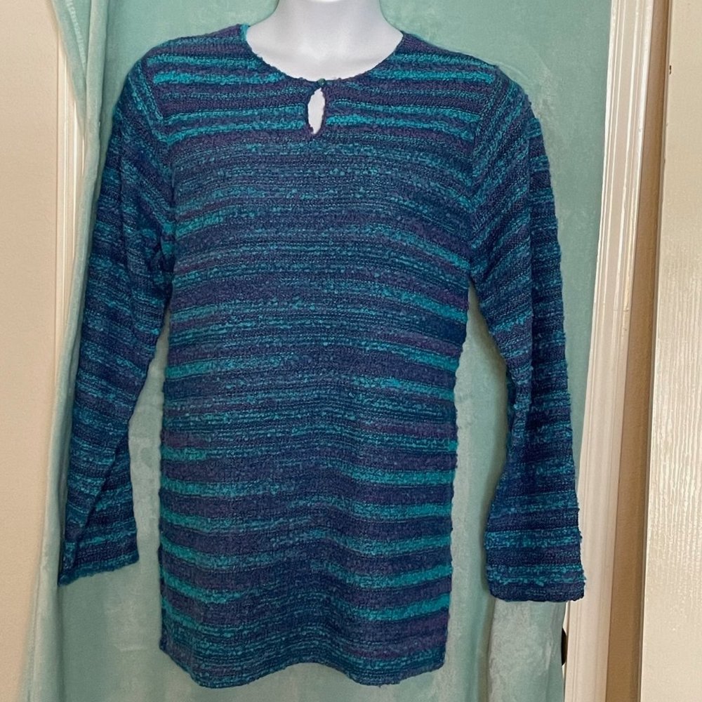 Denim&Co. Teal and Purple Knit Sweater with Button Detail, Size XL